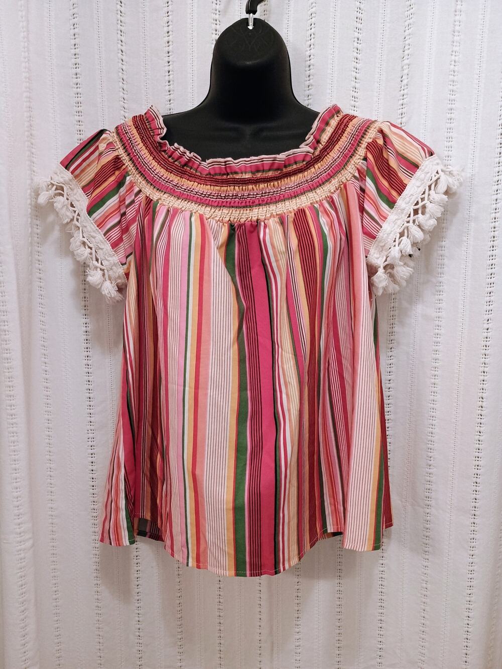 ✨ 3 / $15 DEAL ✨ Multicolored Off Shoulder Fringe Trim Popsicle Stripe Blouse